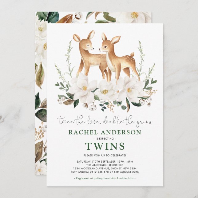 Invitation Elégant Baby shower à fleurs blanches de cerf jume (Devant / Derrière)