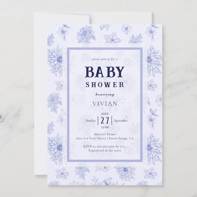 Invitation Elégant Baby shower à motif floral bleu neutre (Devant)