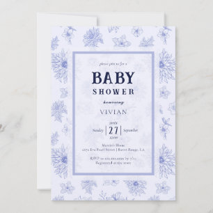 Invitation Elégant Baby shower à motif floral bleu neutre