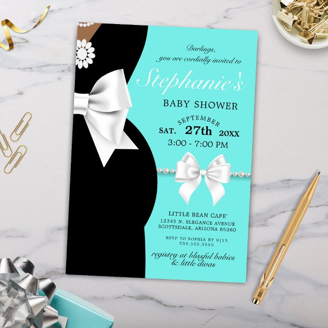 Invitation Elégant Baby shower à thème Tiffany bleu Turquoise (Latina Hispanic Baby Shower Invitation with Medium Brown Skin Tones for Tiffany Baby Shower Theme)