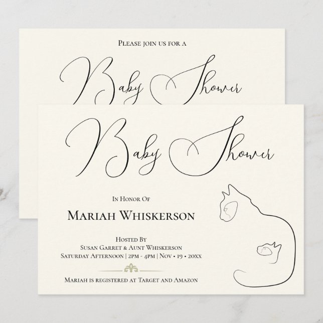 Invitation Elégant Baby shower Amoureux des chats noir et crè (Devant / Derrière)