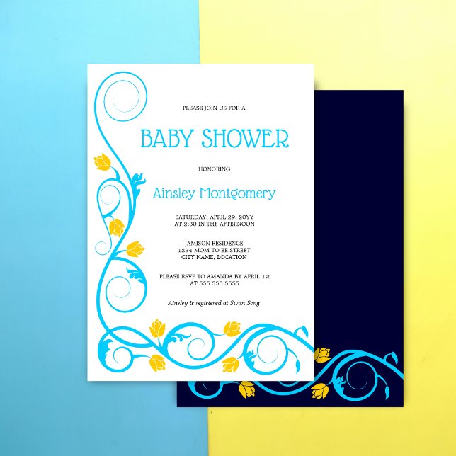 Invitation Elégant Baby shower Aqua Blue Jaune Floral Swirls (Blue and yellow floral swirls baby shower top front and back view.)