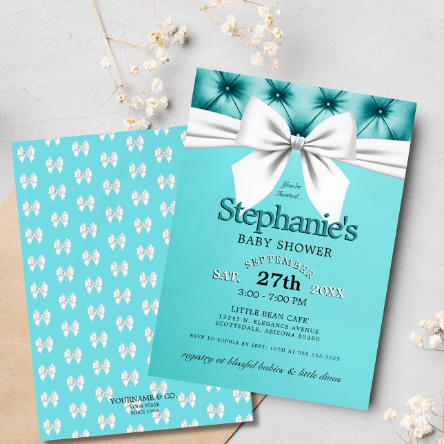 Invitation Elégant Baby shower Aqua Blue Tiffany moderne (elegant teal blue tiffany theme baby shower invitation with chic white bow and tufted satin graphics)