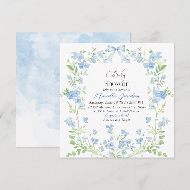 Invitation Elégant Baby shower Aquarelle Bleu Fleurs (Devant / Derrière)