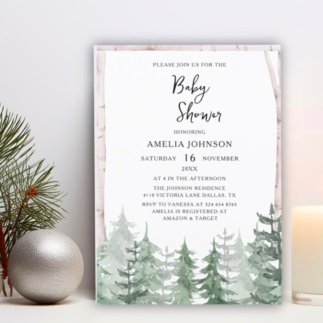 Invitation Elégant Baby shower Aquarelle Pine-Tree hiver (Créateur téléchargé)