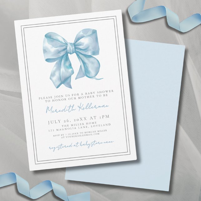 Invitation Elégant Baby shower bébé bleu Bow (Elegant Baby Blue Bow Baby Shower Invitation)