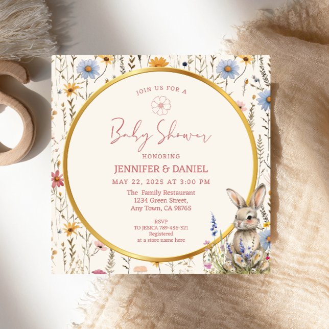 Invitation Elégant Baby shower beige de lapin floral (Créateur téléchargé)