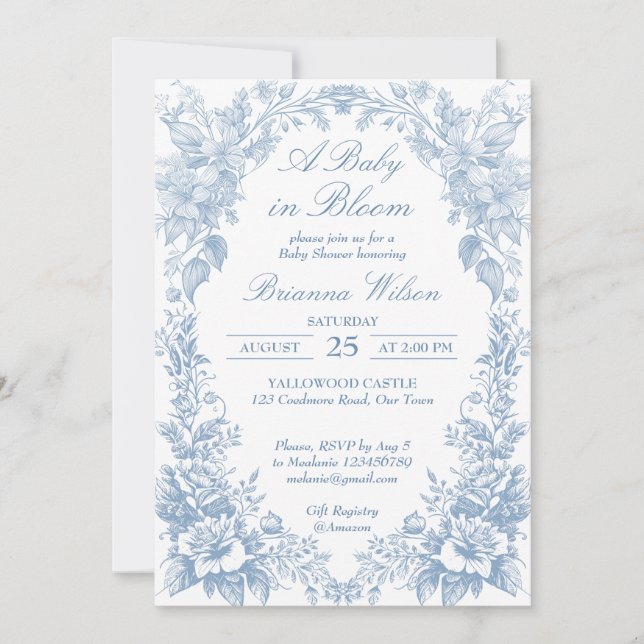 Invitation Élégant baby shower bleu chinoiserie toile françai (Devant)