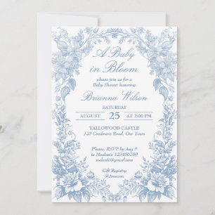 Invitation Élégant baby shower bleu chinoiserie toile françai