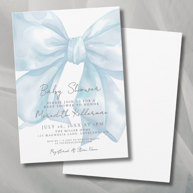 Invitation Élégant Baby shower bleu clair Bow (Elegant Light Blue Bow Baby Shower Invitation)
