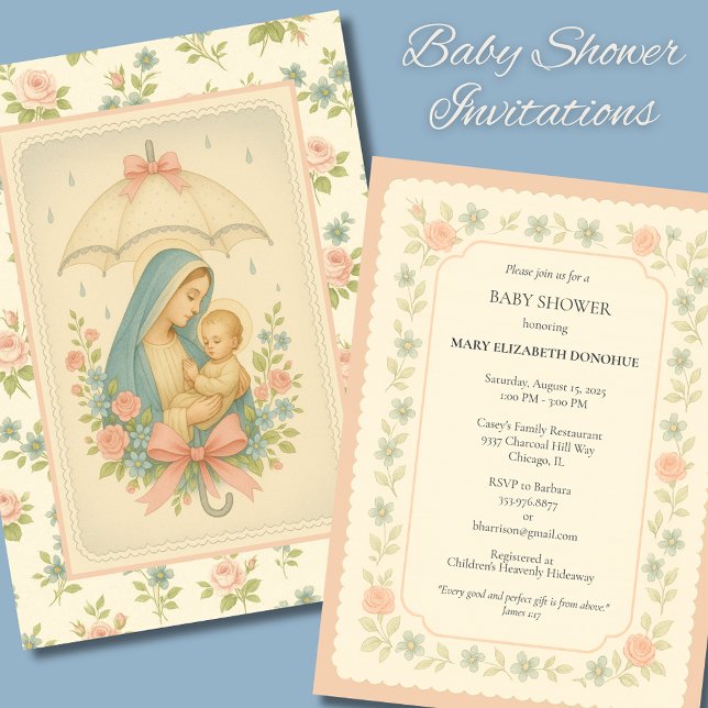Invitation Elégant Baby shower Bleu Floral Religieux (Créateur téléchargé)