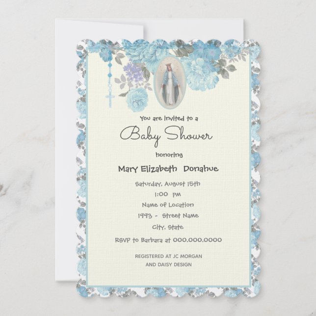 Invitation Elégant Baby shower Bleu Floral Religieux (Devant)