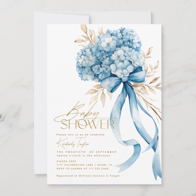 Invitation Elégant Baby shower bleu Hydrangea Bow (Devant)