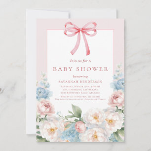 Invitation Élégant Baby shower bleu rose floral Bow