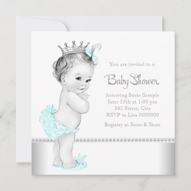 Invitation Elégant Baby shower bleu Turquoise et argent (Devant)