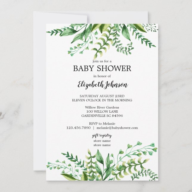 Invitation Elégant Baby shower botanique d'aquarelle verte (Devant)