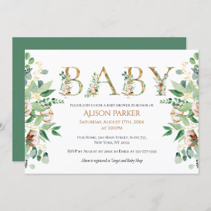 Invitation Elégant Baby shower Botanique Eucalyptus Or