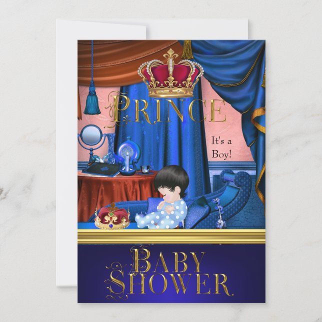 Invitation Elégant Baby shower Boy Blue Little Prince Crown (Devant)
