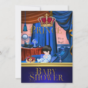 Invitation Elégant Baby shower Boy Blue Little Prince Crown