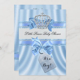 Invitation Elégant Baby shower Boy Blue Little Prince Crown