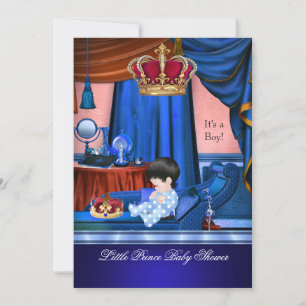 Invitation Elégant Baby shower Boy Blue Little Prince Crown