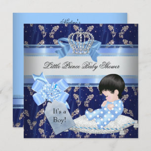 Invitation Elégant Baby shower Boy Blue Little Prince Crown