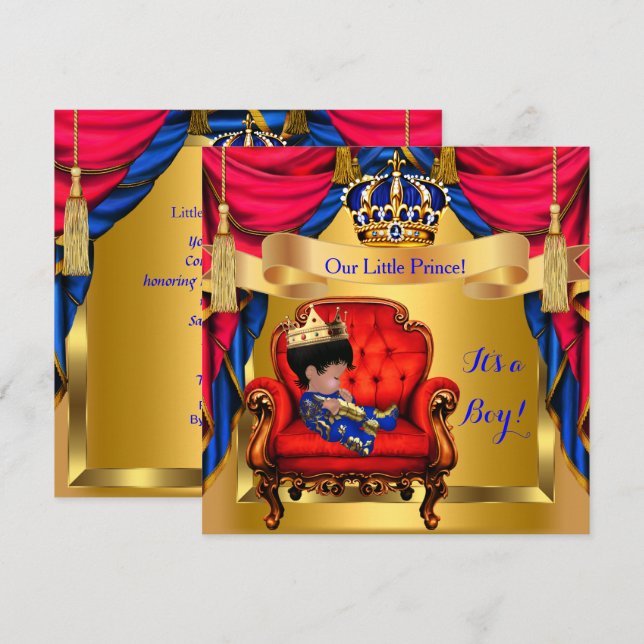 Invitation Elégant Baby shower Boy Prince Royal Blue Red Gold (Devant / Derrière)