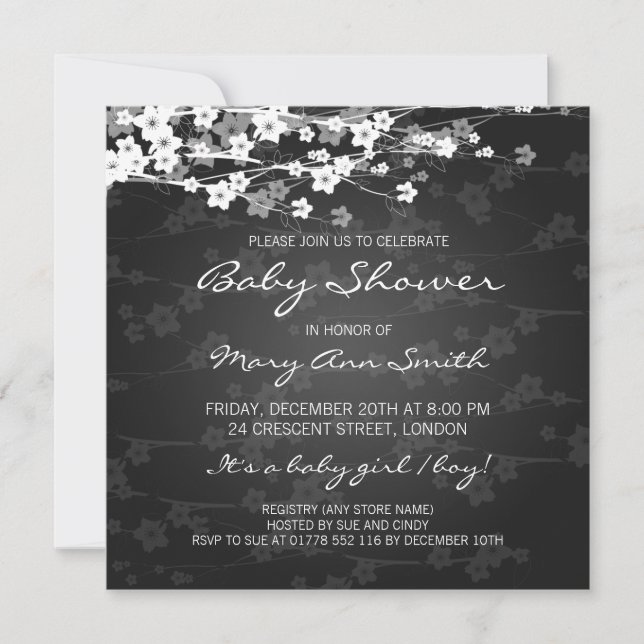 Invitation Élégant Baby shower cerise en fleurs Noir (Devant)