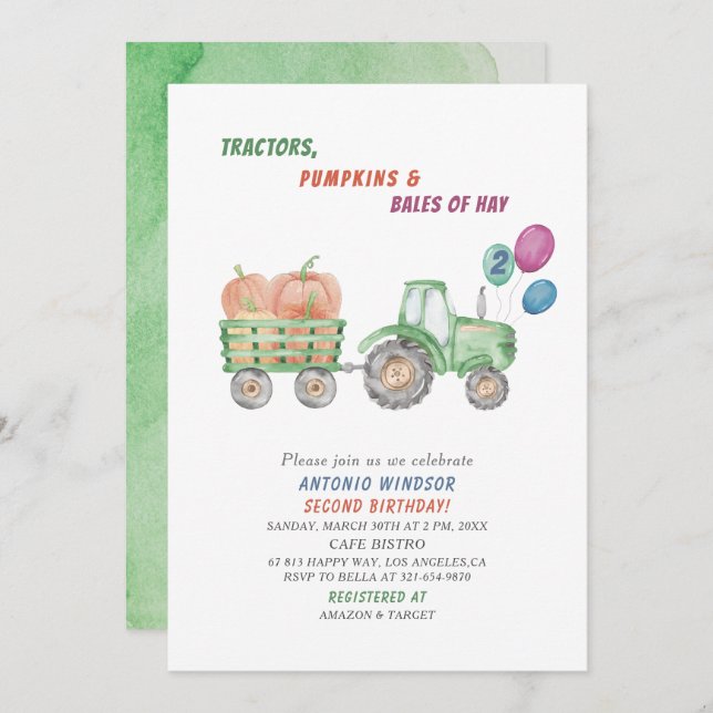 Invitation Elégant Baby shower Citrouille des tracteurs aquar (Devant / Derrière)