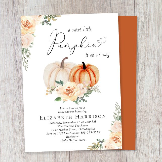 Invitation Elégant Baby shower Citrouille Floral Aquarelle (Celebrate the upcoming arrival of your sweet little autumn baby with a pumpkin-themed baby shower)