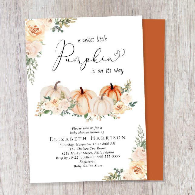 Invitation Elégant Baby shower Citrouille Floral Aquarelle (Celebrate the upcoming arrival of your sweet little autumn baby with a pumpkin-themed baby shower)