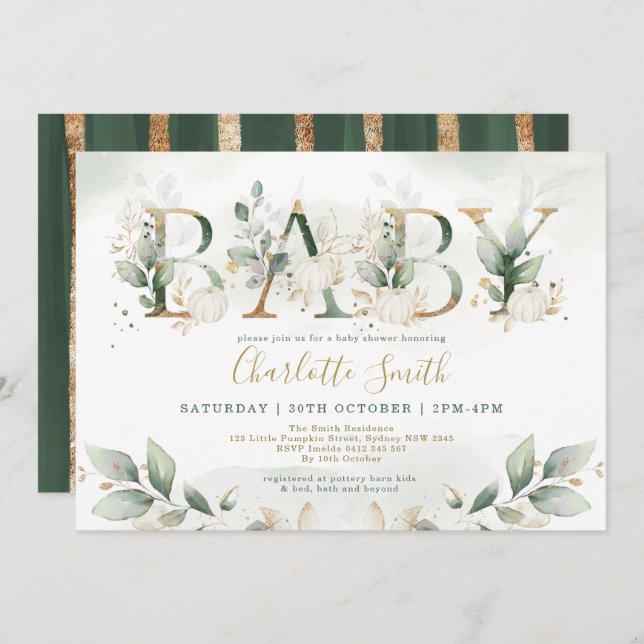 Invitation Elégant Baby shower Citrouille vert verdoyant Or (Devant / Derrière)