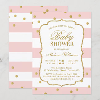 Invitation Elégant Baby shower Confetti Gold Pink Stripes
