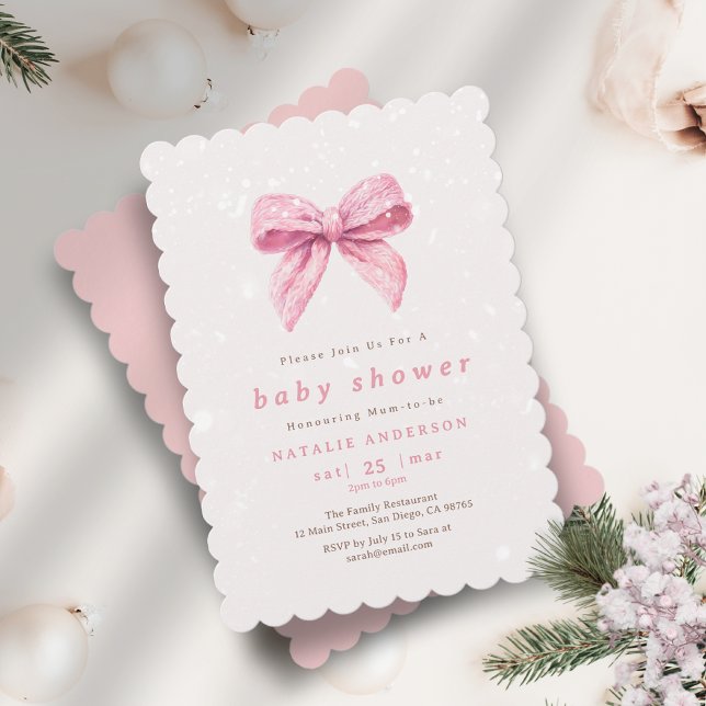 Invitation Élégant Baby shower Coquette Neige d'hiver rose (Elegant Pink Winter Snow Coquette Baby Shower Invitation)