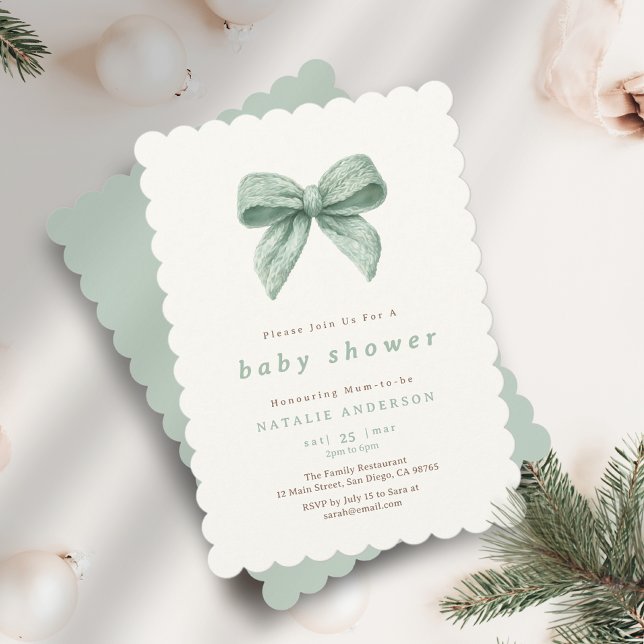 Invitation Elégant Baby shower Coquette Vert Sage (Elegant Sage Green Soft Coquette Baby Shower Invitation)