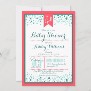 Invitation Elégant Baby shower Coral et Aqua Confetti