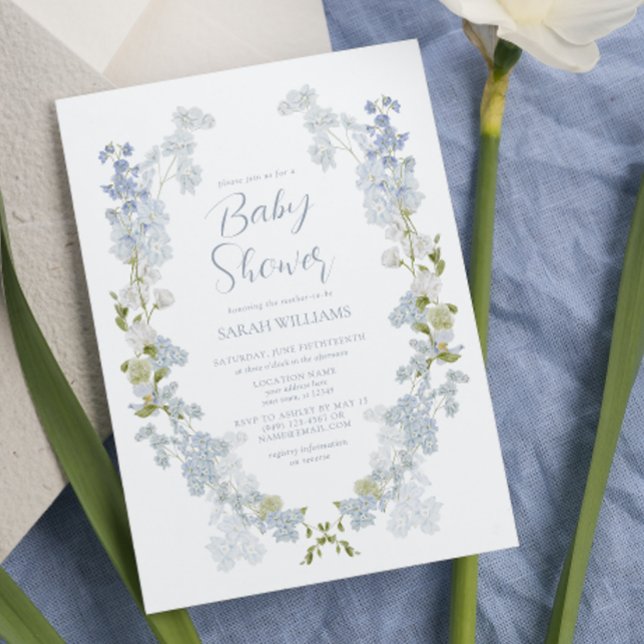 Invitation Elégant Baby shower d'aquarelle bleu-bleu-bleu (Sweet Blooms: A Blue Floral Baby Shower Celebration!)