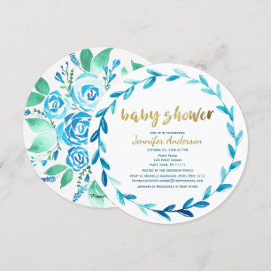 Invitation Elégant Baby shower d'aquarelle bleu floral