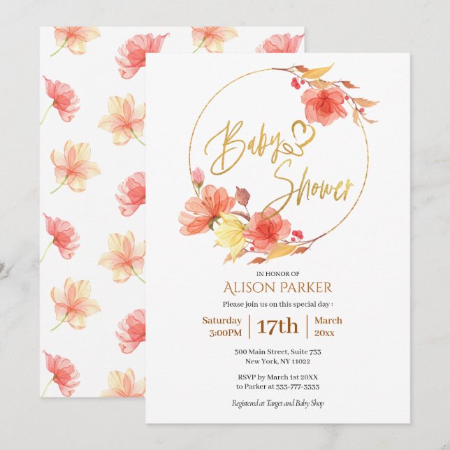 Invitation Élégant Baby shower d'aquarelle Floral Gold Script (Devant / Derrière)