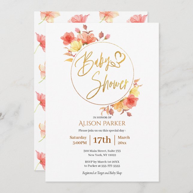 Invitation Élégant Baby shower d'aquarelle Floral Gold Script (Devant / Derrière)