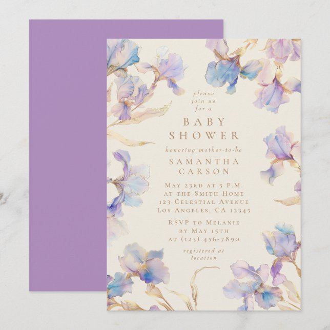Invitation Elégant Baby shower d'aquarelle florale Iris (Devant / Derrière)