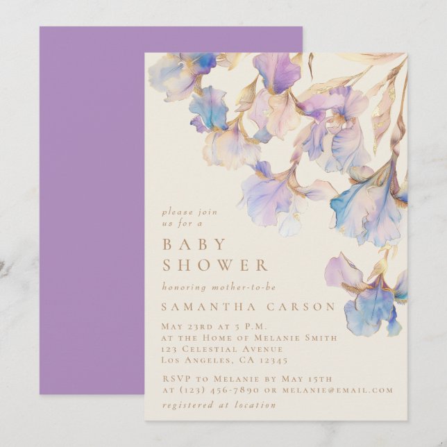 Invitation Elégant Baby shower d'aquarelle florale Iris (Devant / Derrière)