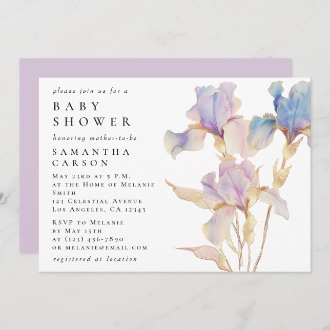 Invitation Elégant Baby shower d'aquarelle florale Iris (Devant / Derrière)