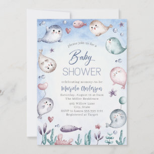 Invitation Elégant Baby shower d'aquarelle pour bébé phoque