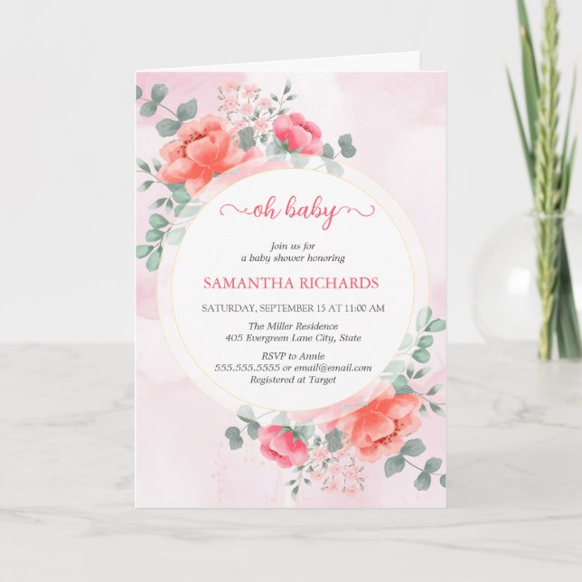 Invitation Elégant baby shower d'aquarelle rose vif (Devant)