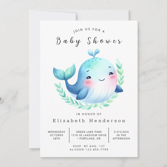 Invitation Élégant Baby shower de baleines modifiable (Devant)