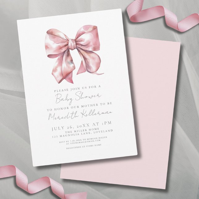 Invitation Élégant Baby shower de cabot rose (Simple Elegant Pink Bow Baby Shower Invitation)