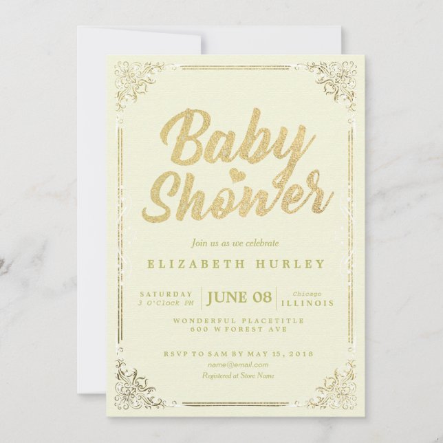 Invitation Elégant Baby shower de cadre floral Faux Gold Scri (Devant)