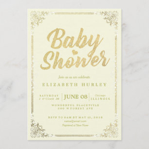 Invitation Elégant Baby shower de cadre floral Faux Gold Scri