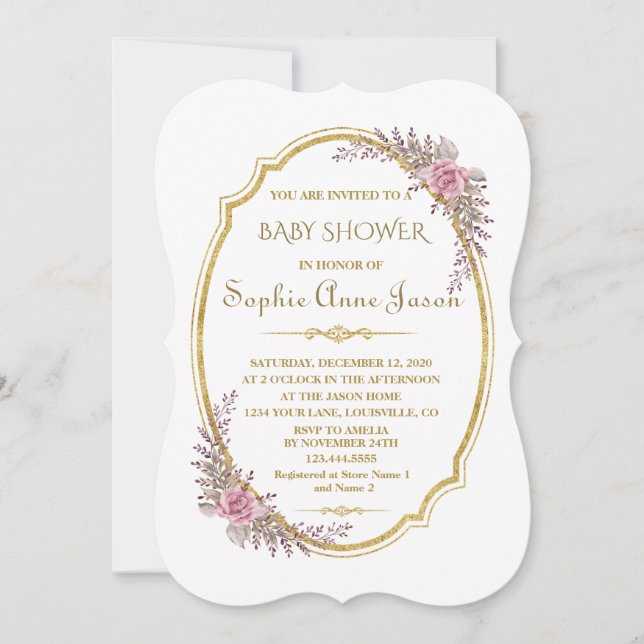 Invitation Elégant Baby shower de cadre floral flush or (Devant)